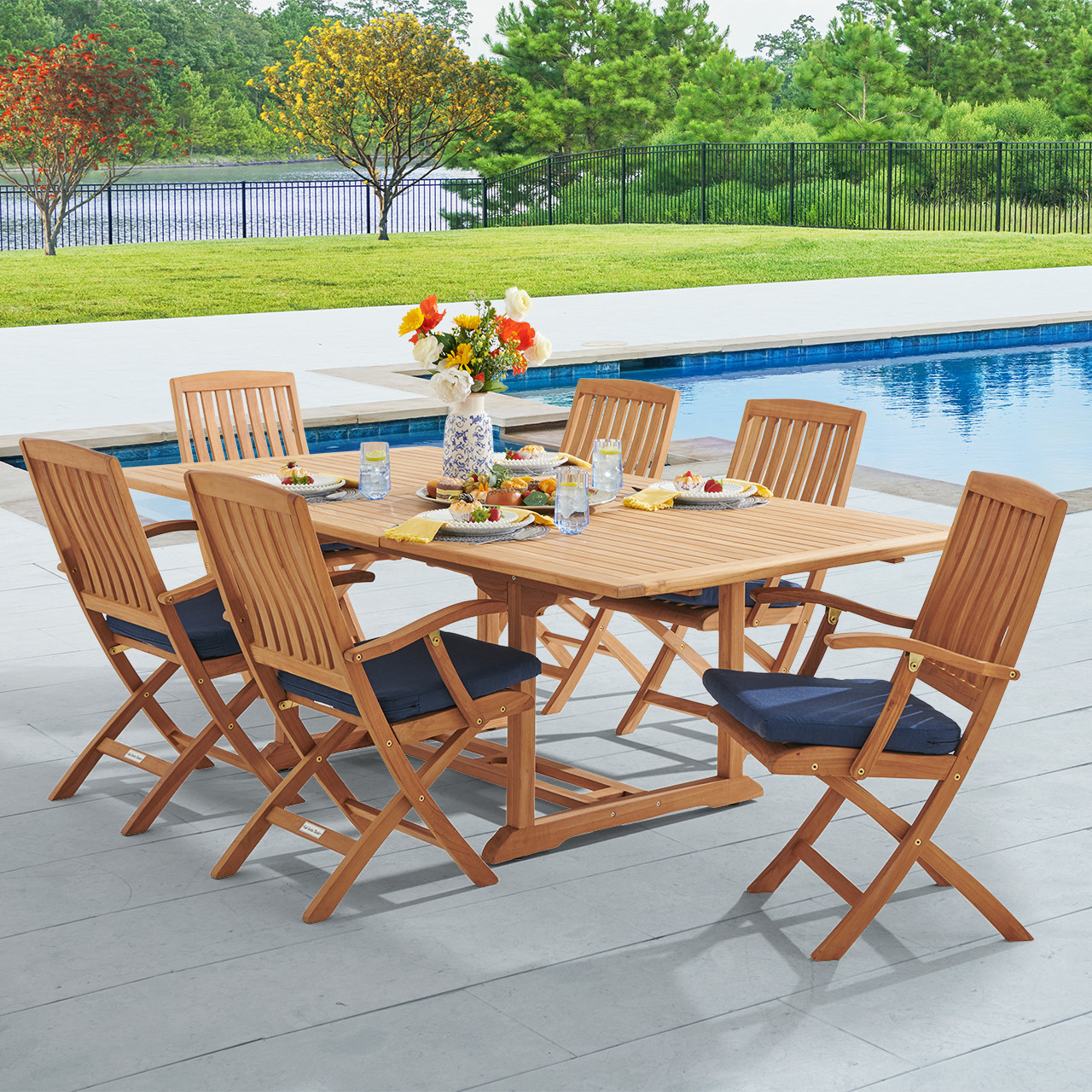 Westport Teak with Cushions 7 Piece Arm Dining Set + Bristol 67-87 x 47 in. Extension Table Westport Teak with Cushions 7 Piece Arm Dining Set + Bristol 67-87 x 47 in. Extension Table