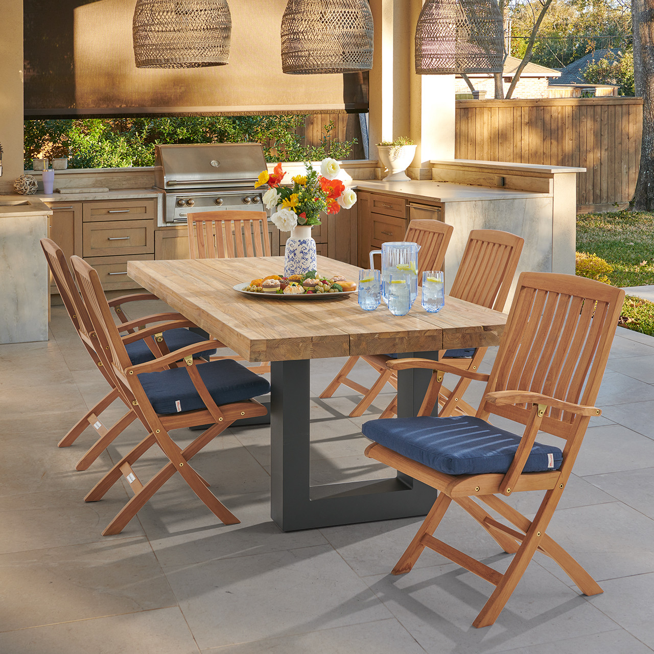 Westport Teak with Cushions 7 Piece Arm Dining Set + Balencia 84 x 40 in. Table