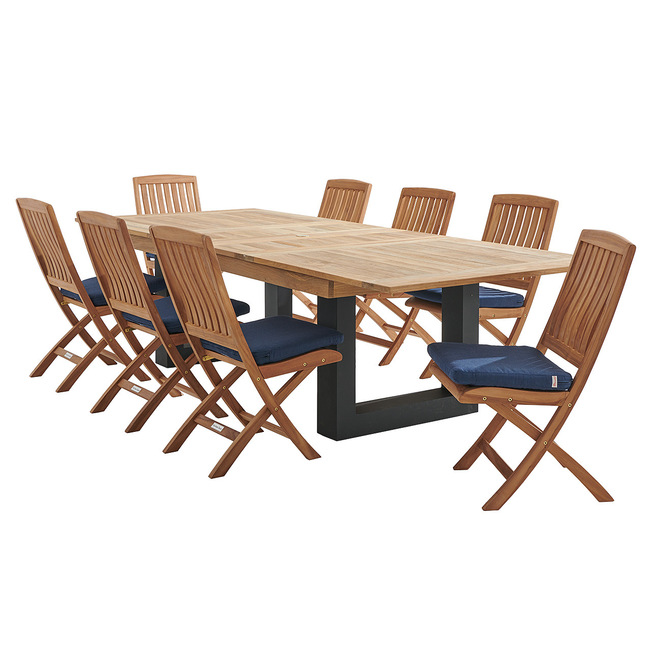 Westport Teak with Cushions 9 Piece Armless Dining Set + Balencia 87-118 x 47 in. Double Extension Table Westport Teak with Cushions 9 Piece Armless Dining Set + Balencia 87-118 x 47 in. Double Extension Table