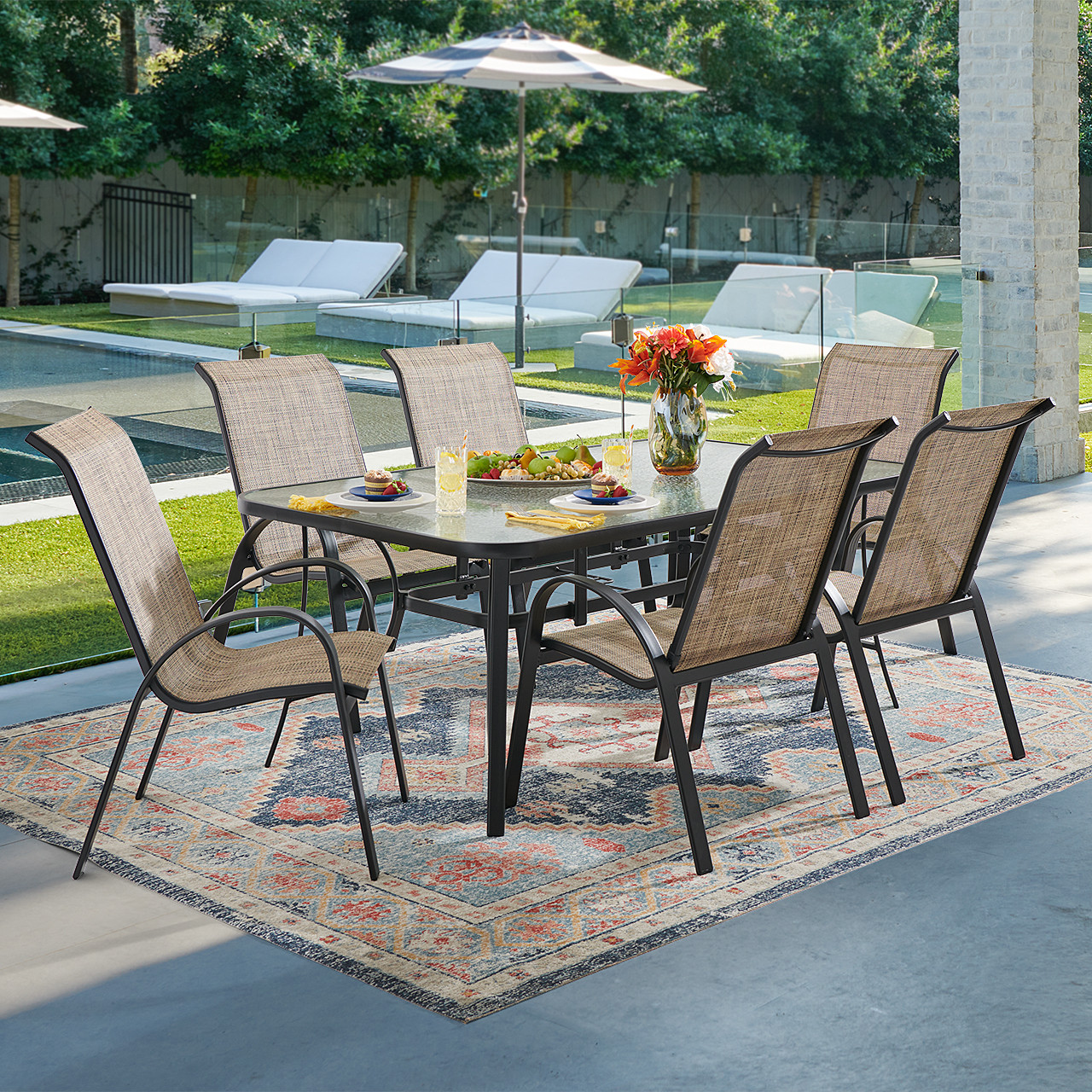 Malibu Java Aluminum with Desert Wicker Sling 7 Piece Dining Set +