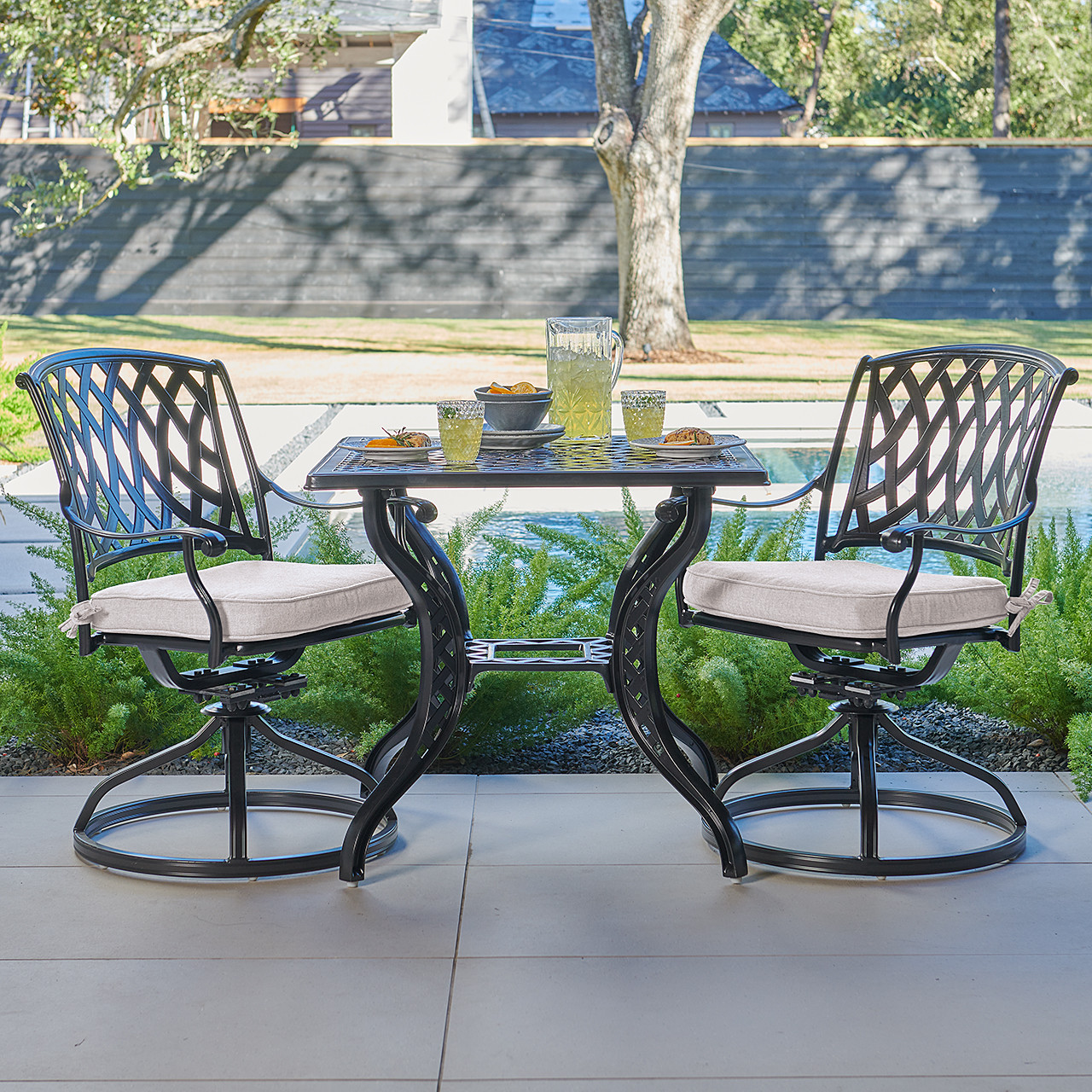 Tivoli Matte Black Cast Aluminum with Cushions 3 Piece Swivel Bistro Set + 32 in. Sq. Table Tivoli Matte Black Cast Aluminum with Cushions 3 Piece Swivel Bistro Set + 32 in. Sq. Table