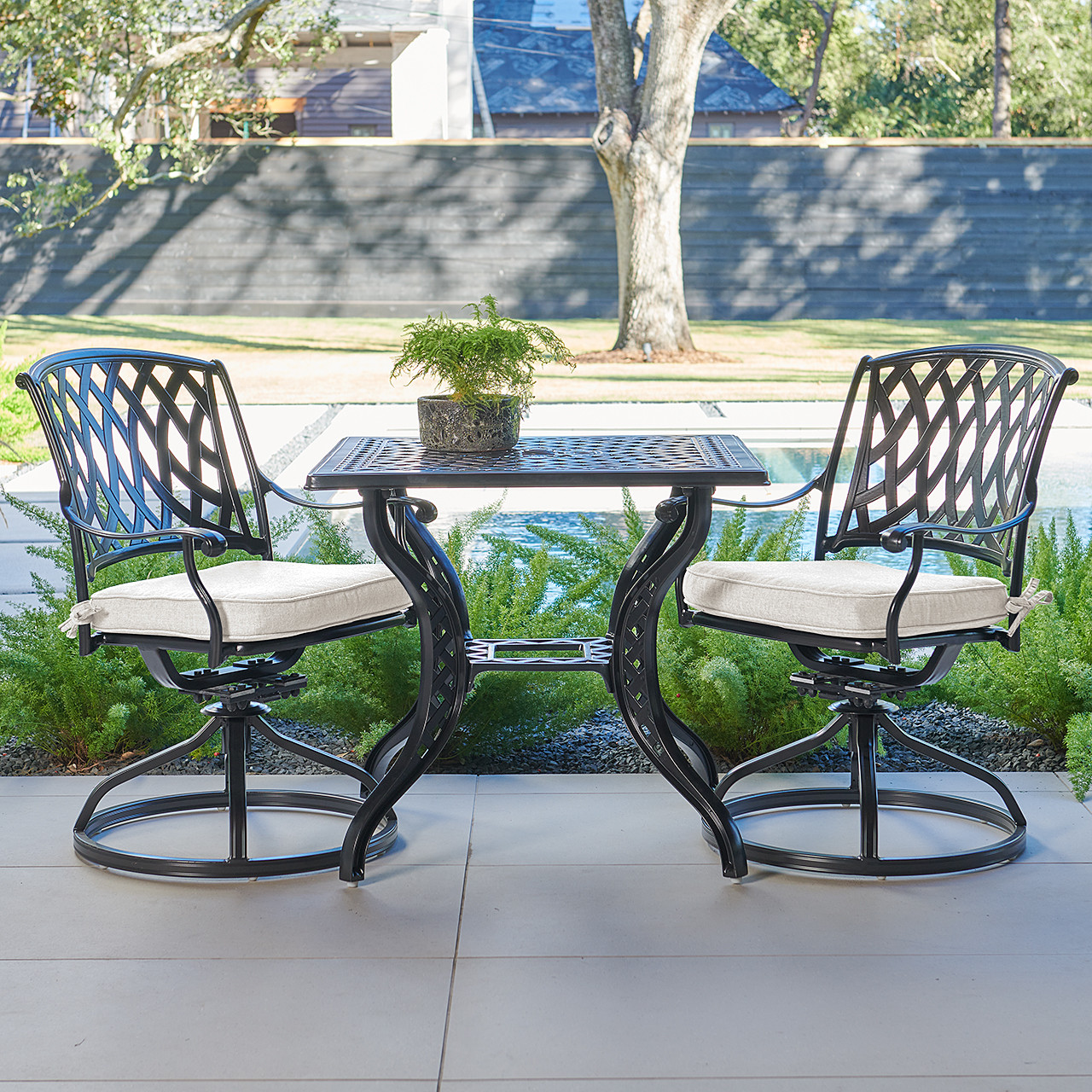 Tivoli Matte Black Cast Aluminum with Cushions 3 Piece Swivel Bistro Set + 32 in. Sq. Table Tivoli Matte Black Cast Aluminum with Cushions 3 Piece Swivel Bistro Set + 32 in. Sq. Table