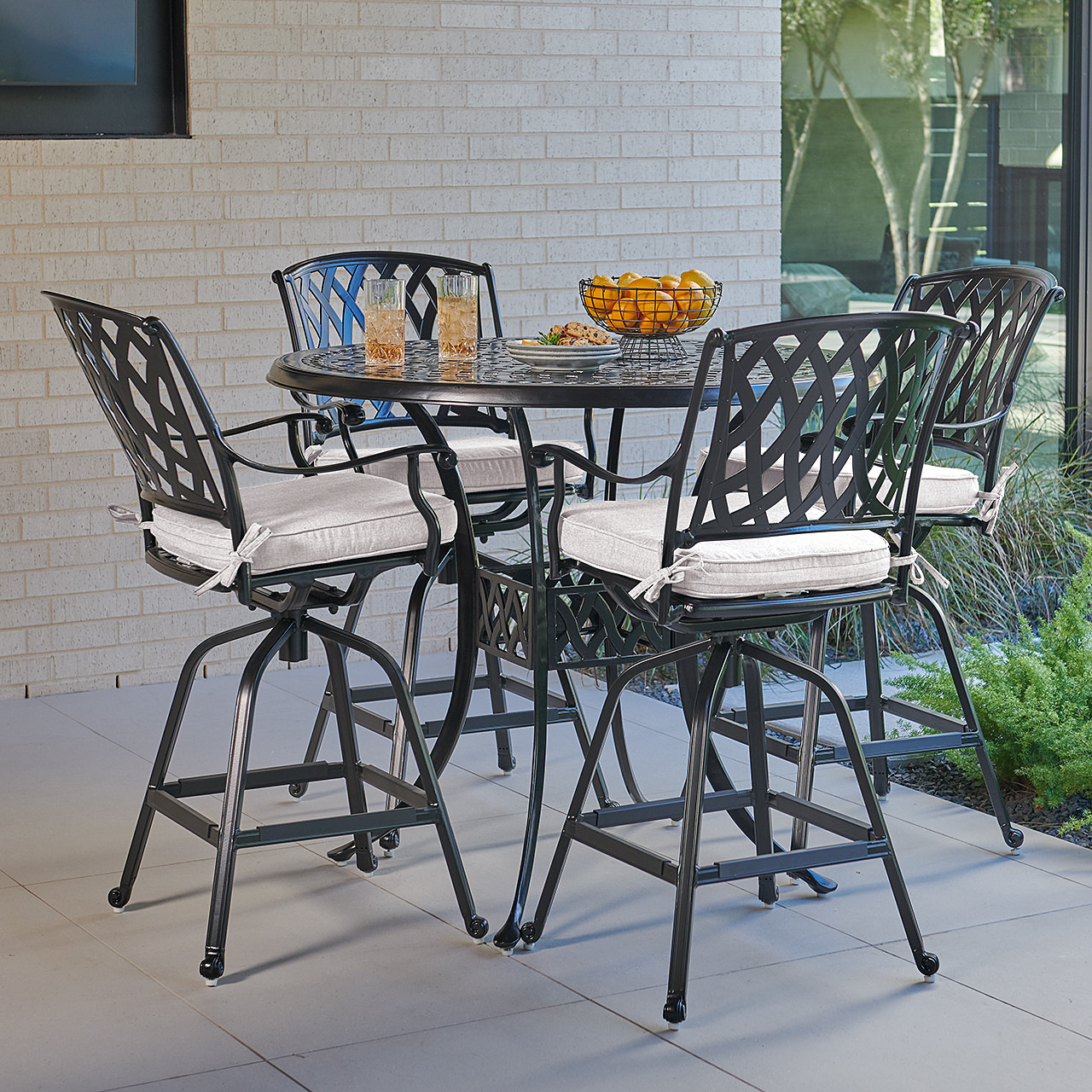 Tivoli Matte Black Cast Aluminum with Cushions 5 Piece Swivel Bar Set + 48 in. D Table Tivoli Matte Black Cast Aluminum with Cushions 5 Piece Swivel Bar Set + 48 in. D Table