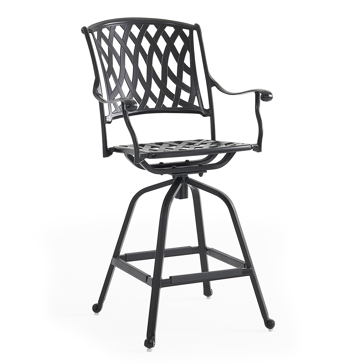 Tivoli Matte Black Cast Aluminum with Cushions 5 Piece Swivel Bar Set + 48 in. D Table Tivoli Matte Black Cast Aluminum with Cushions 5 Piece Swivel Bar Set + 48 in. D Table