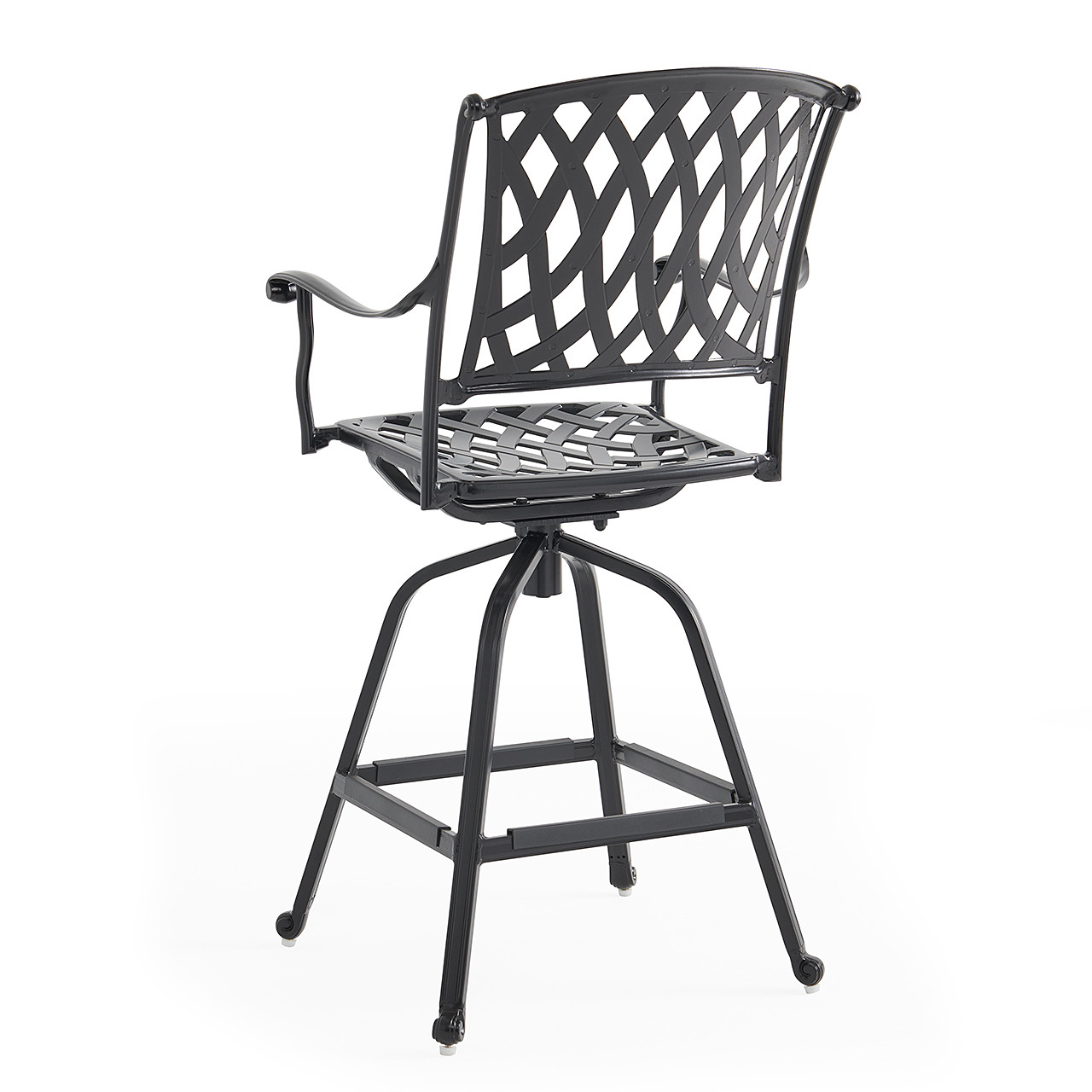 Tivoli Matte Black Cast Aluminum with Cushions 5 Piece Swivel Bar Set + 48 in. D Table Tivoli Matte Black Cast Aluminum with Cushions 5 Piece Swivel Bar Set + 48 in. D Table