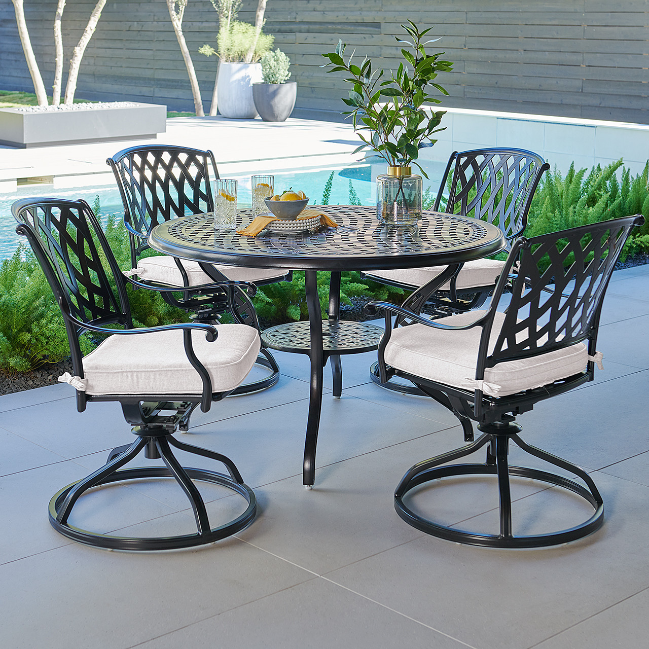 Tivoli Matte Black Cast Aluminum with Cushions 5 Piece Swivel Dining Set + 48 in. D Table