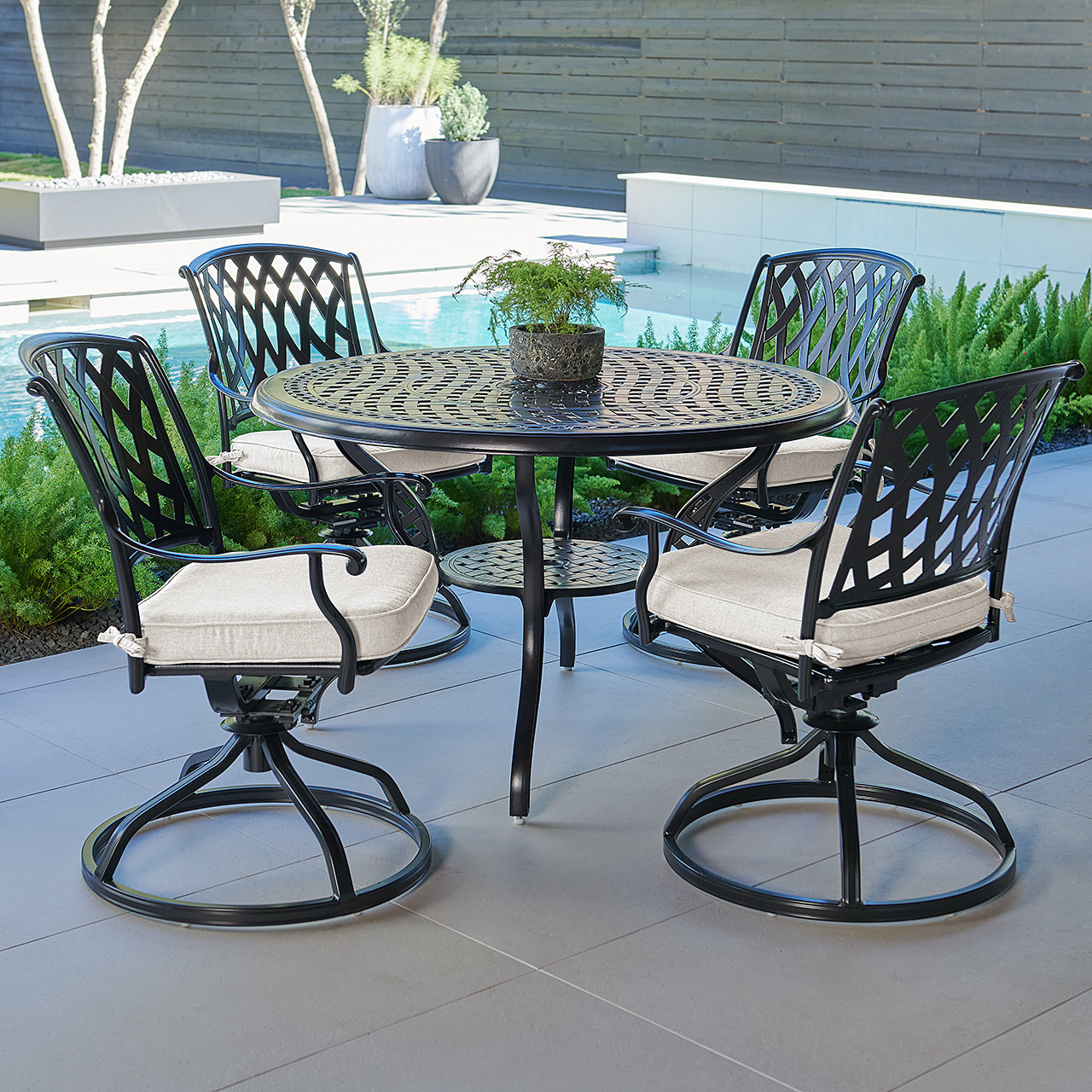 Tivoli Matte Black Cast Aluminum with Cushions 5 Piece Swivel Dining Set + 48 in. D Table