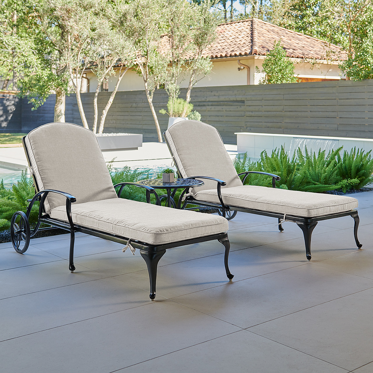 Tivoli Matte Black Cast Aluminum with Cushions 3 Piece Chaise Lounge Set + 22 in. D Side Table