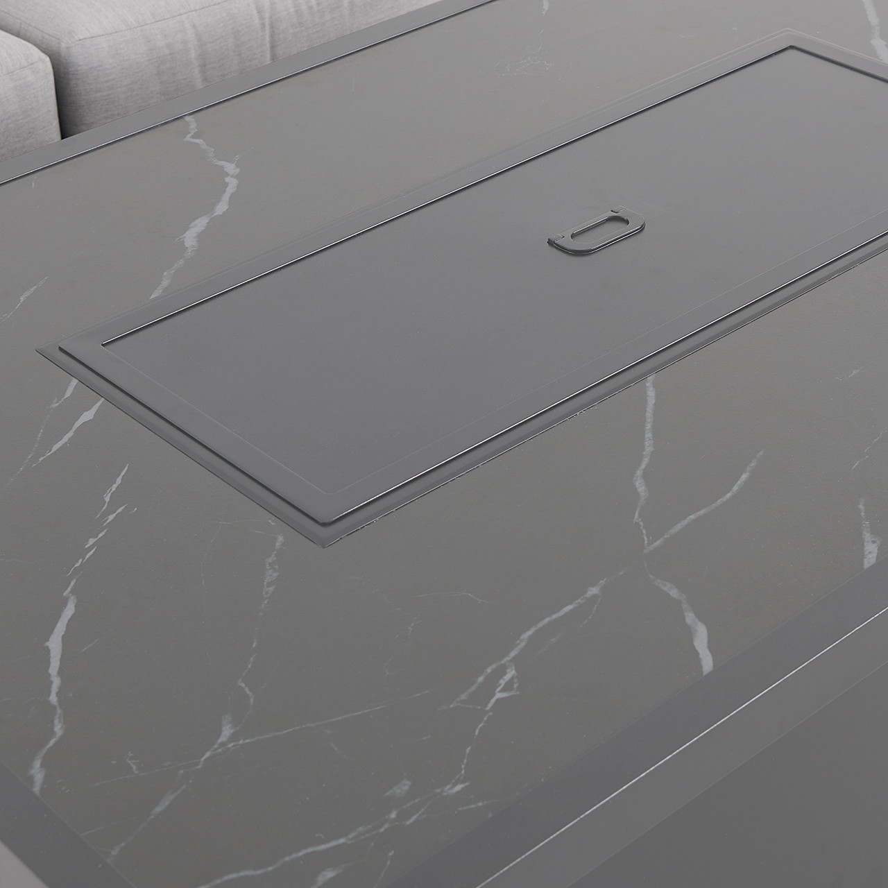 Montauk Slate Grey Polymer with Cushions 6 Piece Modular Sofa Group + 52 x 32 in. Fire Pit Table