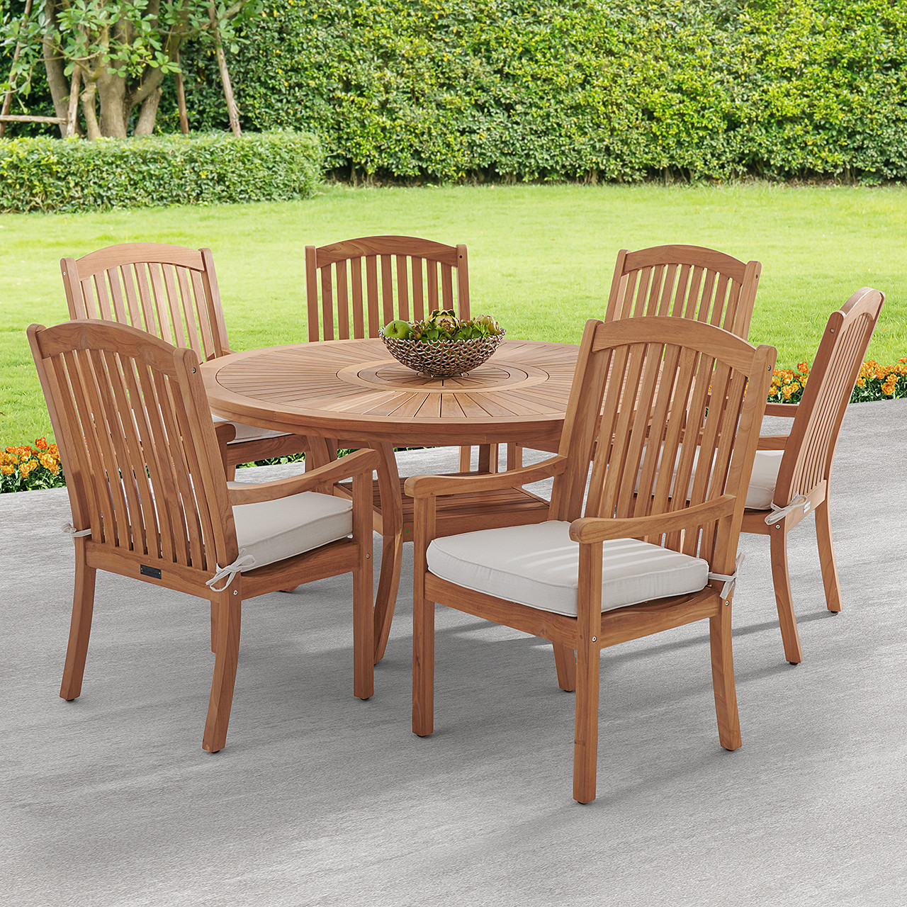 Eastchester Teak with Cushions 7 Piece Dining Set + Bristol 59 in. D Table