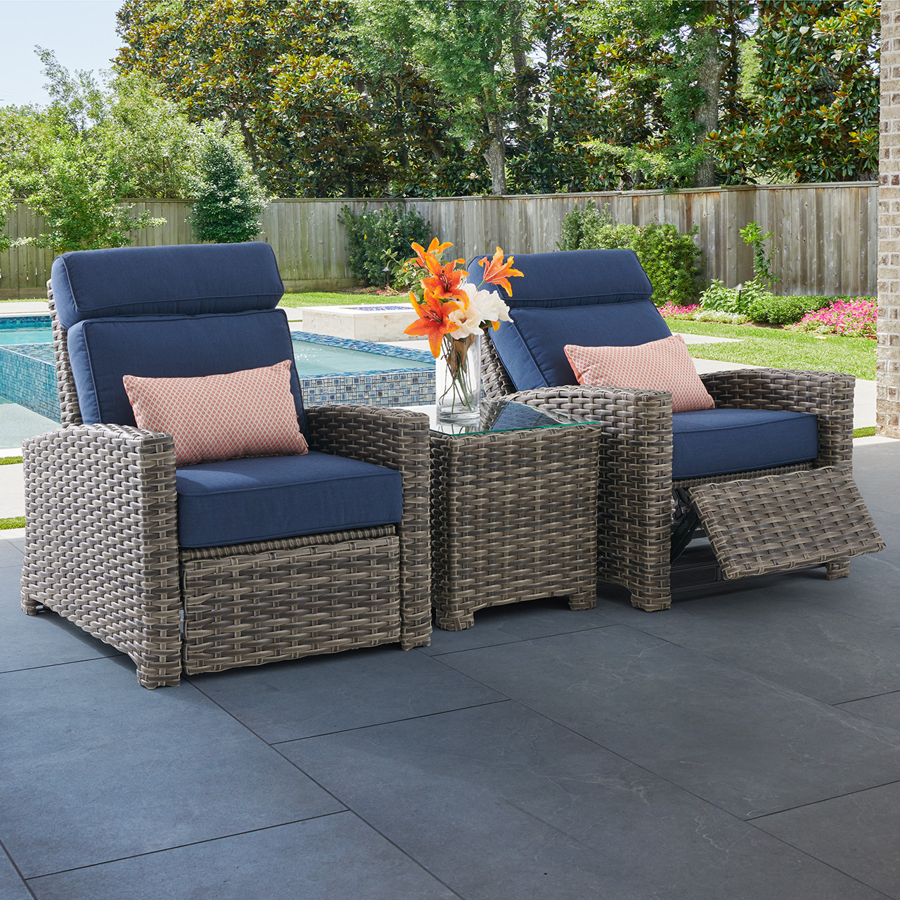 Sonoma Husk Outdoor Wicker with Cushions 3 Piece Recliner Set + 20 in. Sq. End Table