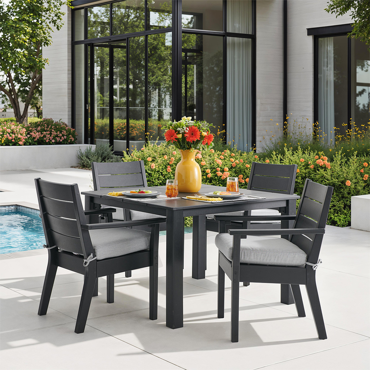 Montauk Polymer with Cushions 5 Piece Dining Set + 44 in. Sq. Table