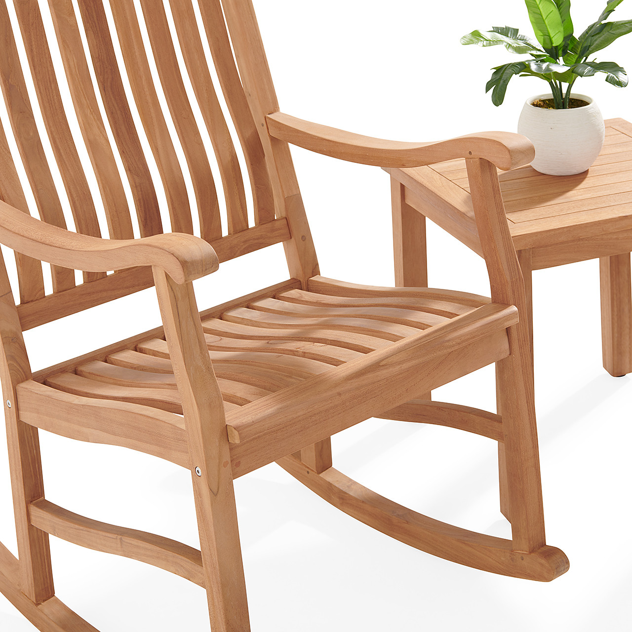 Eastchester Teak with Cushions 3 Piece Rocking Chair Group + 20 in. Sq. End Table