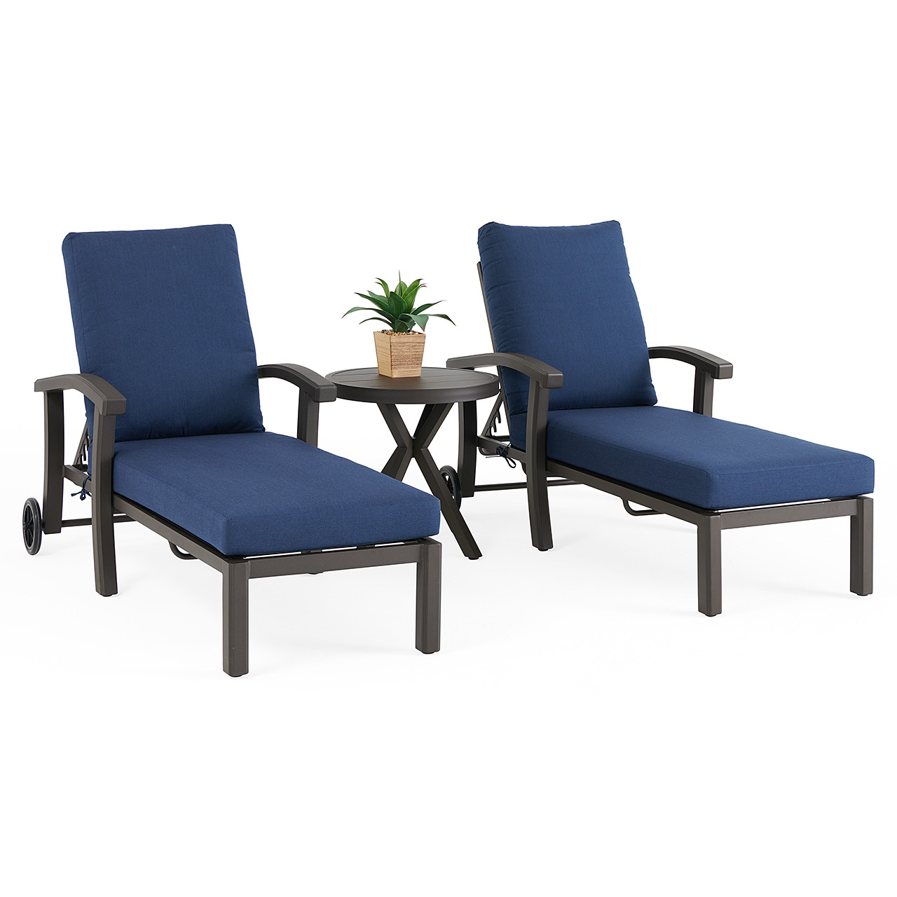 Fairmont Aged Bronze Aluminum with Spectrum Indigo Cushions 3 Piece Chaise Lounge Set + 24 in. D End Table