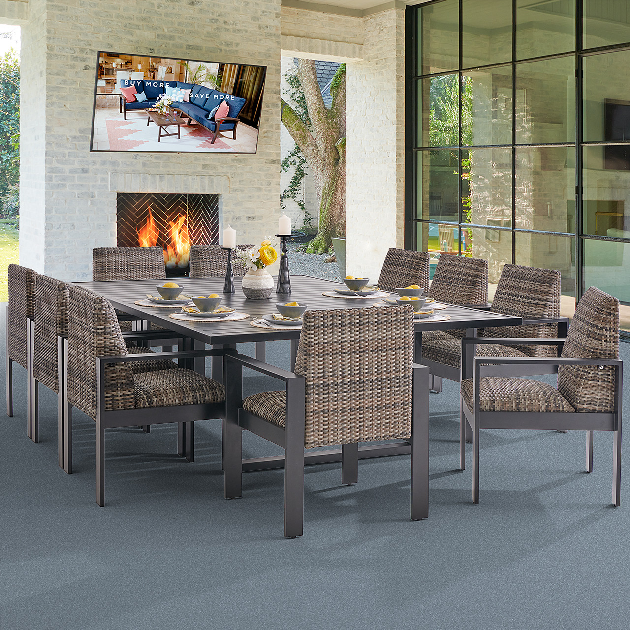 Chelsea Textured Black Aluminum and Weather Teak Outdoor Wicker Concealed Cushions 11 Piece Dining Set + 96 x 64 in. Table