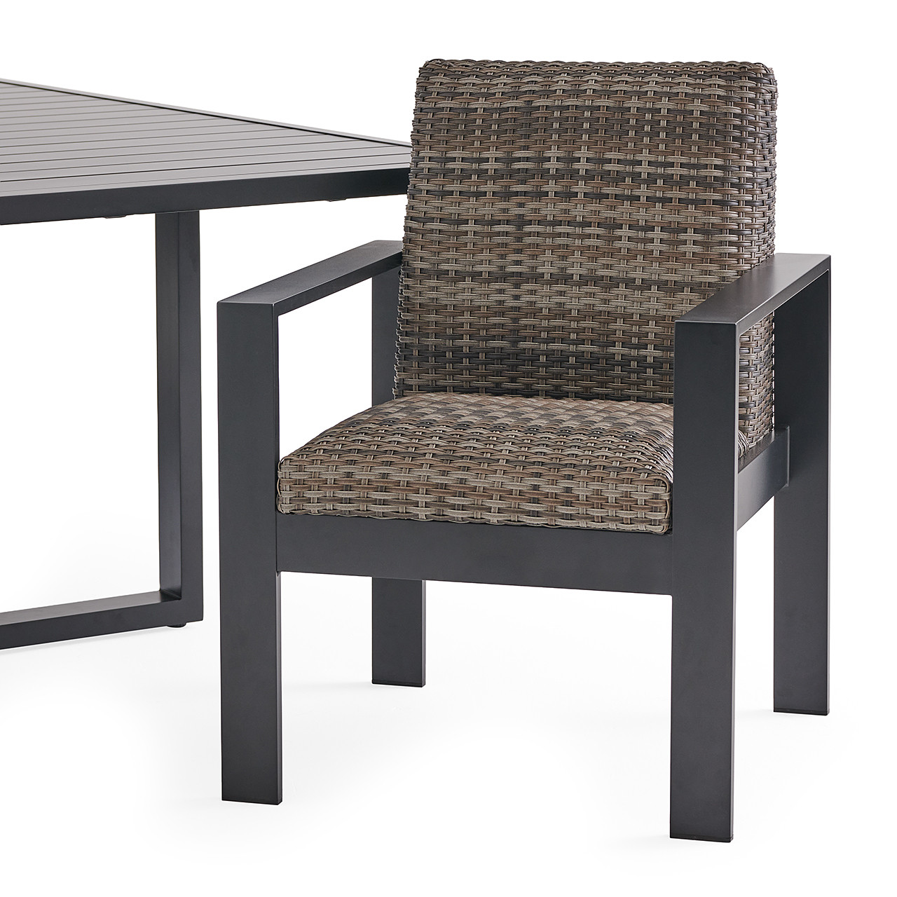 Chelsea Textured Black Aluminum and Weather Teak Outdoor Wicker Concealed Cushions 11 Piece Dining Set + 96 x 64 in. Table