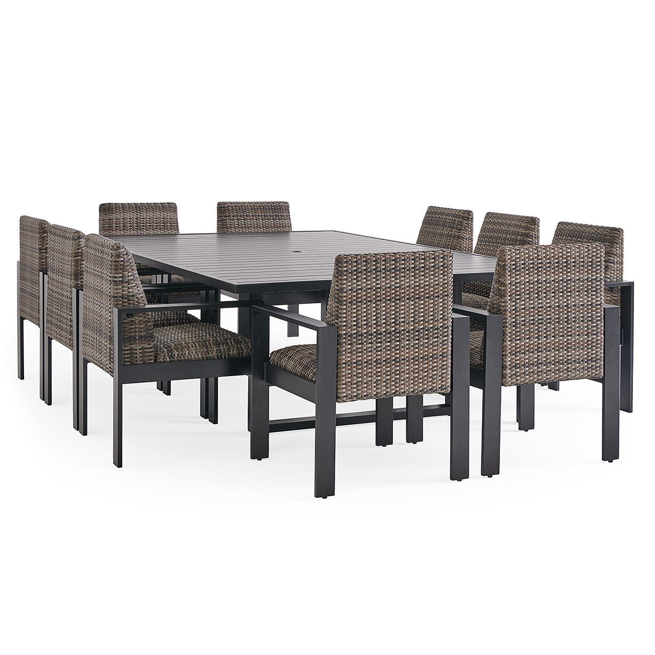 Chelsea Textured Black Aluminum and Weather Teak Outdoor Wicker Concealed Cushions 11 Piece Dining Set + 96 x 64 in. Table