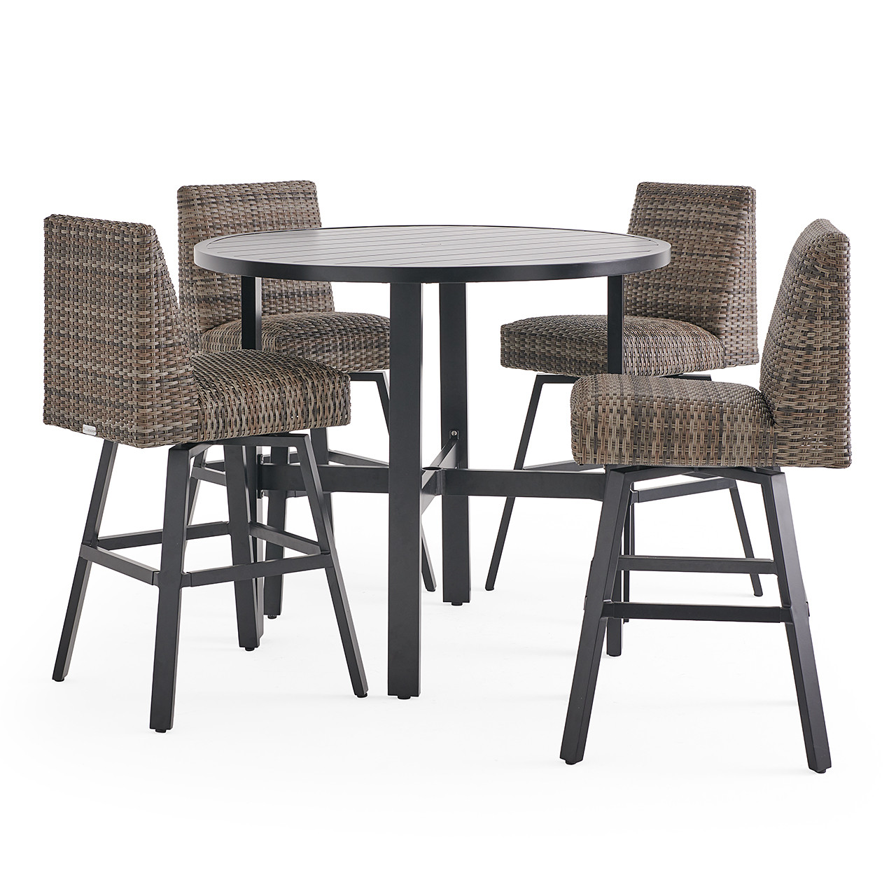 Chelsea Textured Black Aluminum and Weather Teak Outdoor Wicker Concealed Cushions 5 Piece Bar Set + 48 in. D Table
