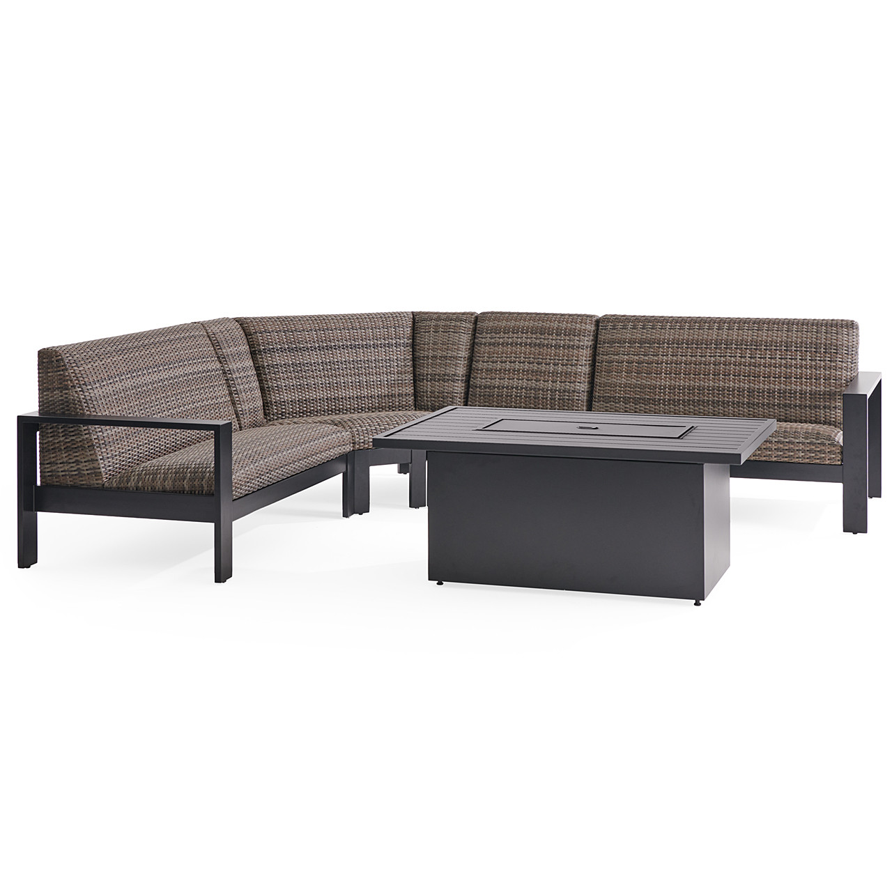 Chelsea Textured Black Aluminum and Weather Teak Outdoor Wicker Concealed Cushions 5 Piece Sectional + 52 x 32 in. Fire Pit Table