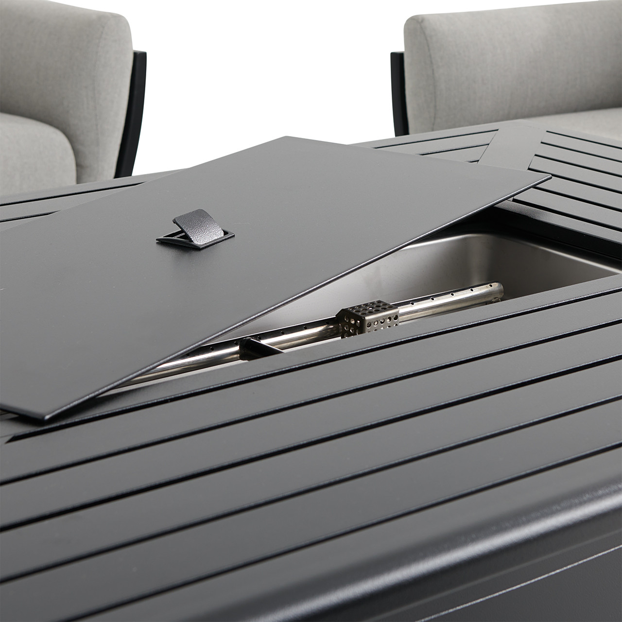 Siena Coal Aluminum with Panama Stone Grey 5 Piece Chat Set + 38 x 58 in. Fire Pit Table