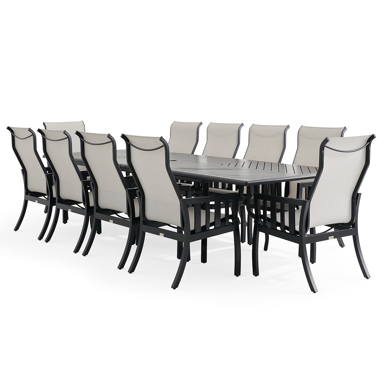 Siena Coal Aluminum with Sailing Seagull Cushions 11 Piece Dining Set + 88-128 x 44 in. Extension Table