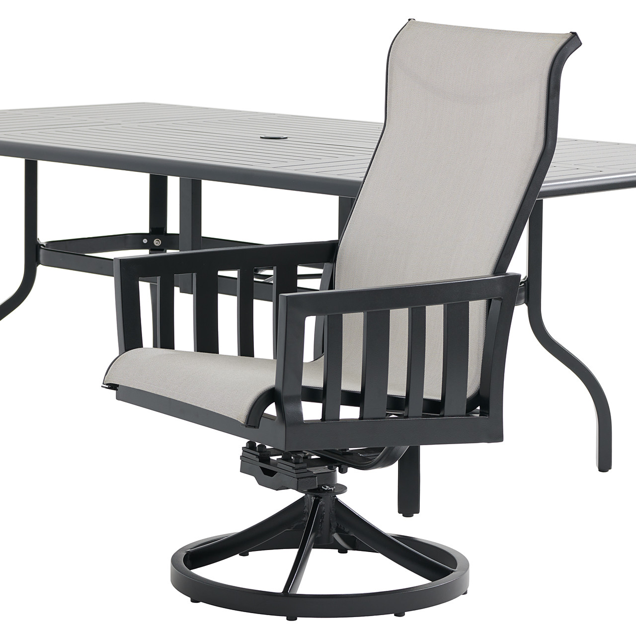 Siena Coal Aluminum with Sailing Seagull Cushions 7 Piece Combo Dining Set + 84 x 44 in. Table