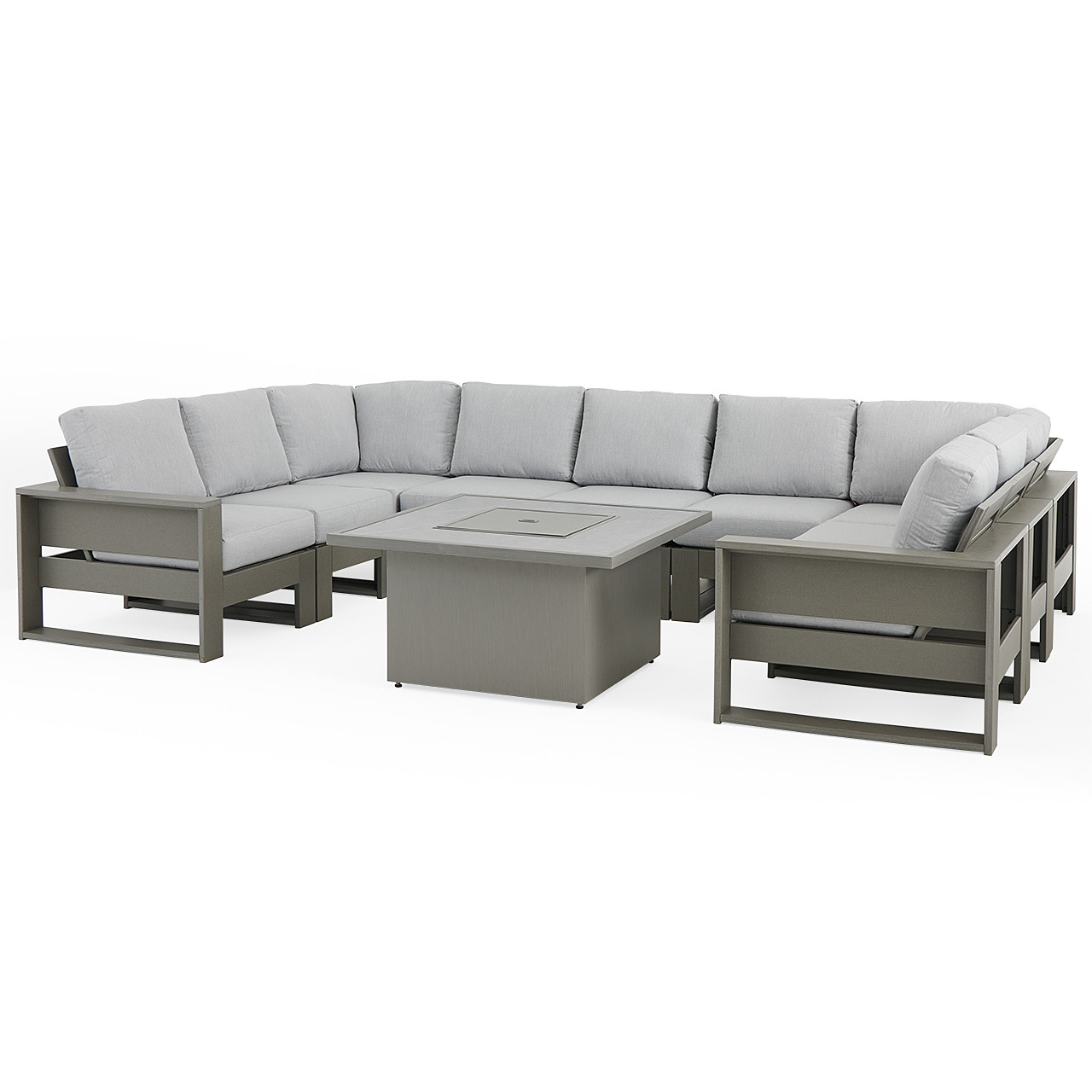 Montauk Slate Grey Polymer with Cushions 10 Piece Modular Sectional + 42 in. Sq. Fire Pit Table