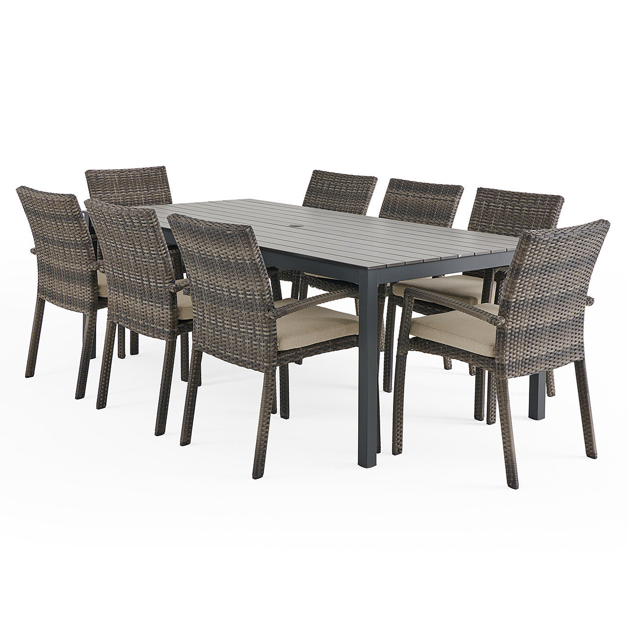 Sonoma Husk Outdoor Wicker with Cushions 9 Piece Dining Set + 84 x 40 in. Table