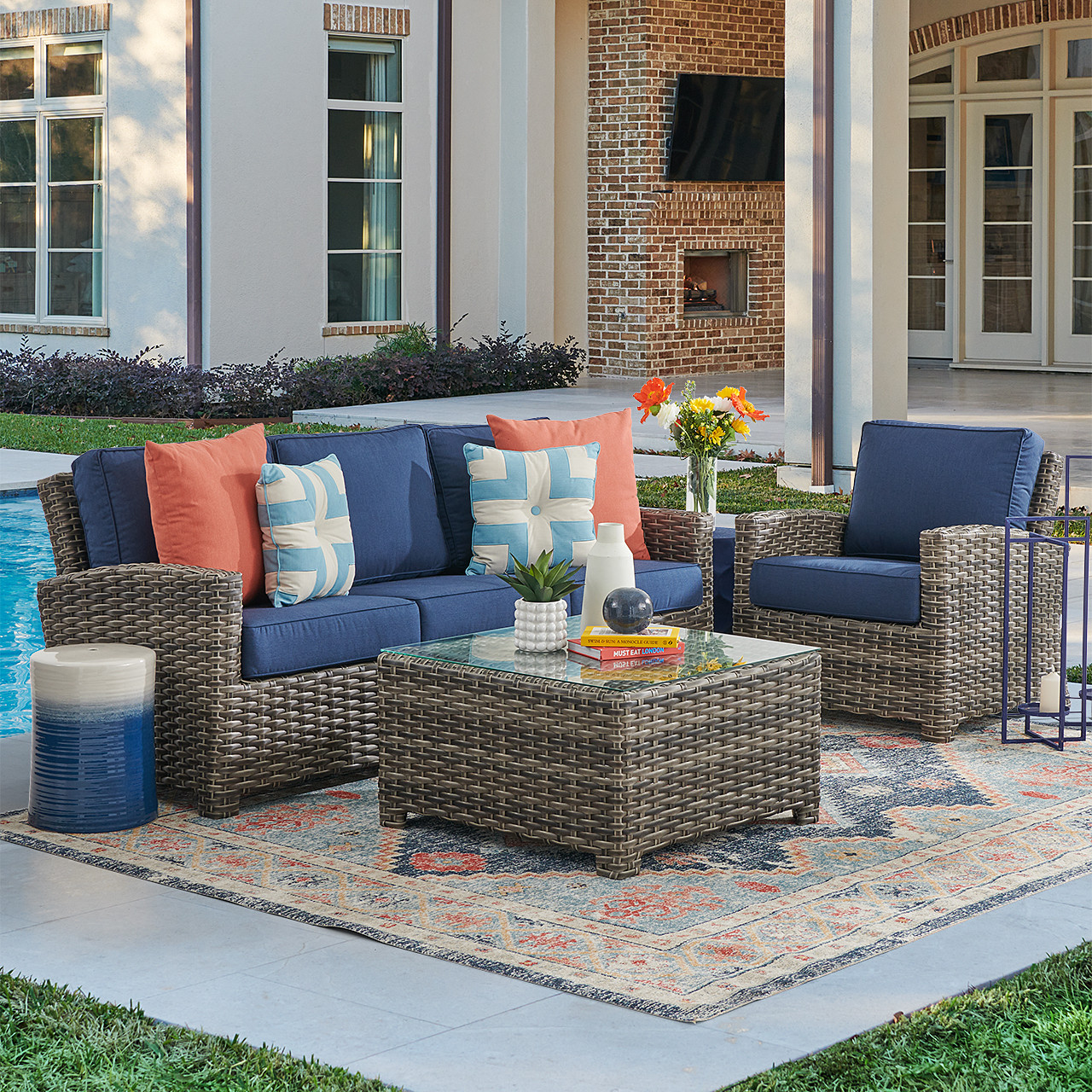 ネイビー ウィッカー ダイニングチェア Sonoma Husk Outdoor Wicker with Cushions 3 Piece Sofa Group + 32