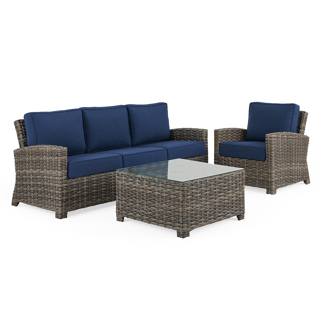 Sonoma Husk Outdoor Wicker with Cushions 3 Piece Sofa Group + 32 in. Sq. Glass Top Coffee Table