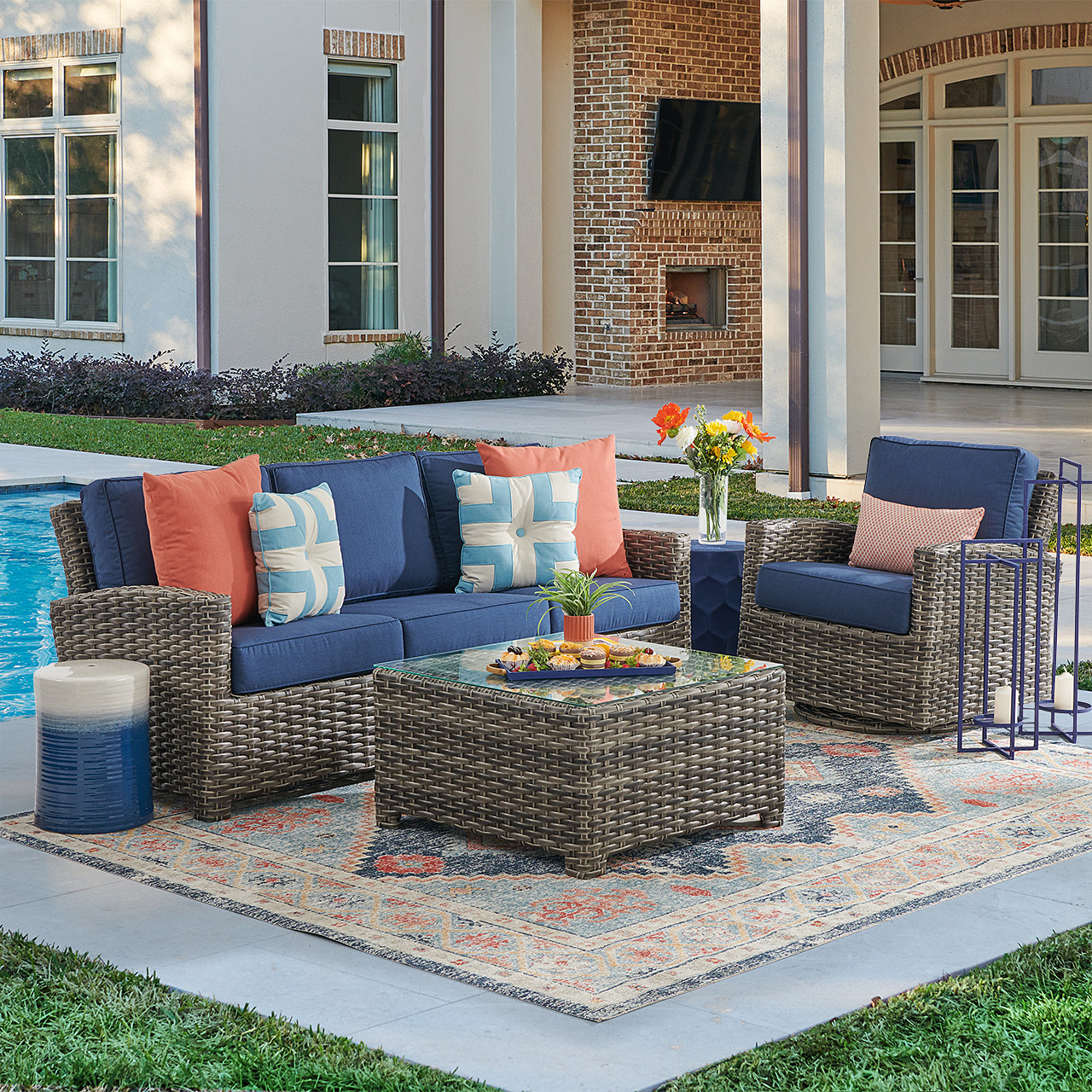 Sonoma Husk Outdoor Wicker with Cushions 3 Piece Swivel Sofa Group + 32 in. Sq. Glass Top Coffee Table