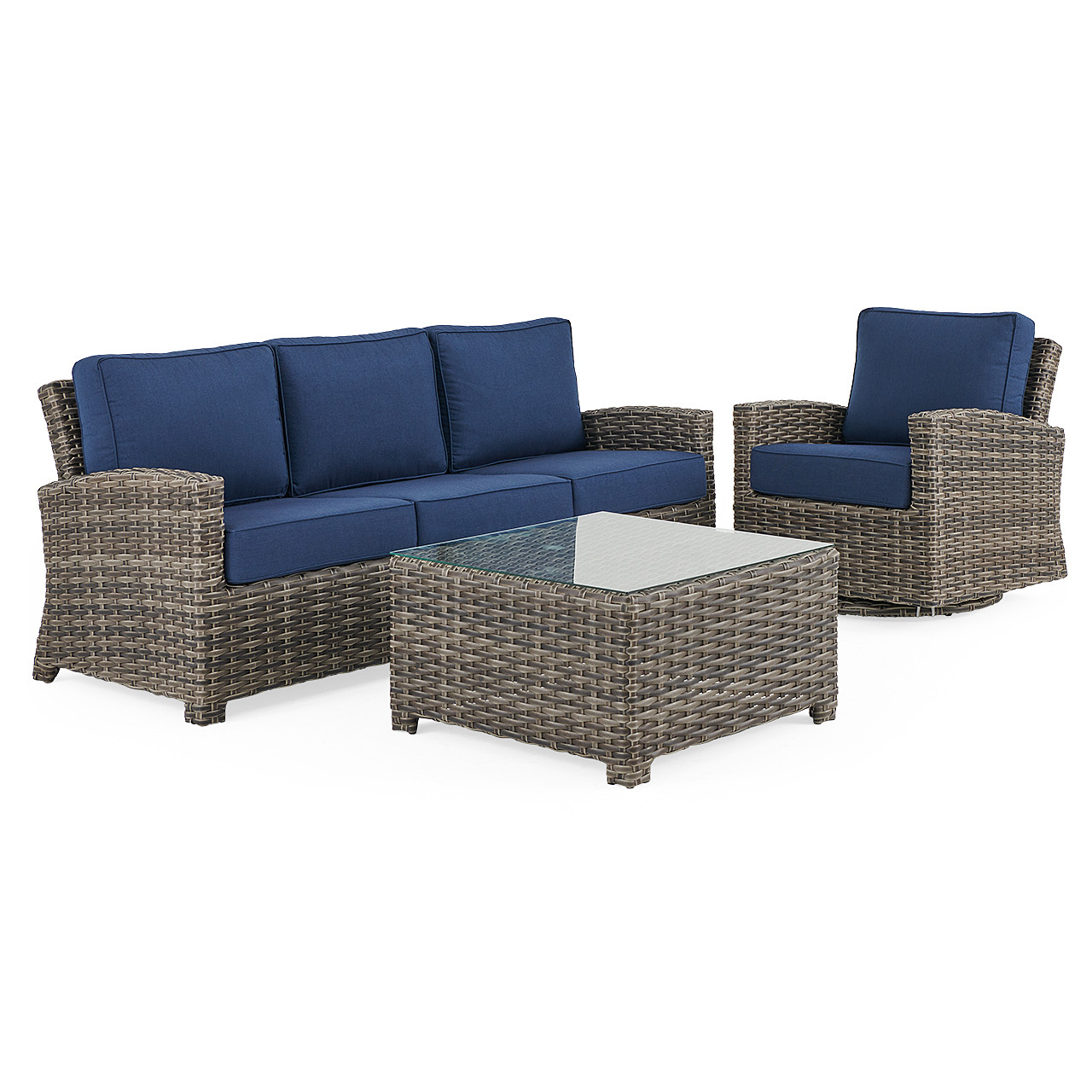 Sonoma Husk Outdoor Wicker with Cushions 3 Piece Swivel Sofa Group + 32 in. Sq. Glass Top Coffee Table