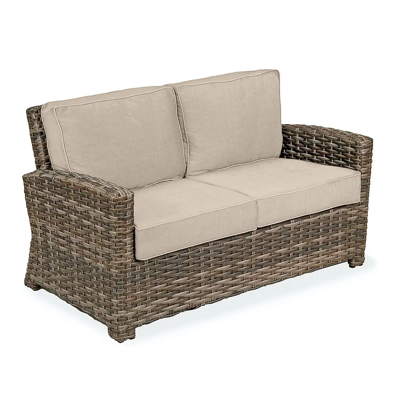 Sonoma Husk Outdoor Wicker with Cushions 4 Piece Loveseat Group + 32 in. Sq. Glass Top Coffee Table