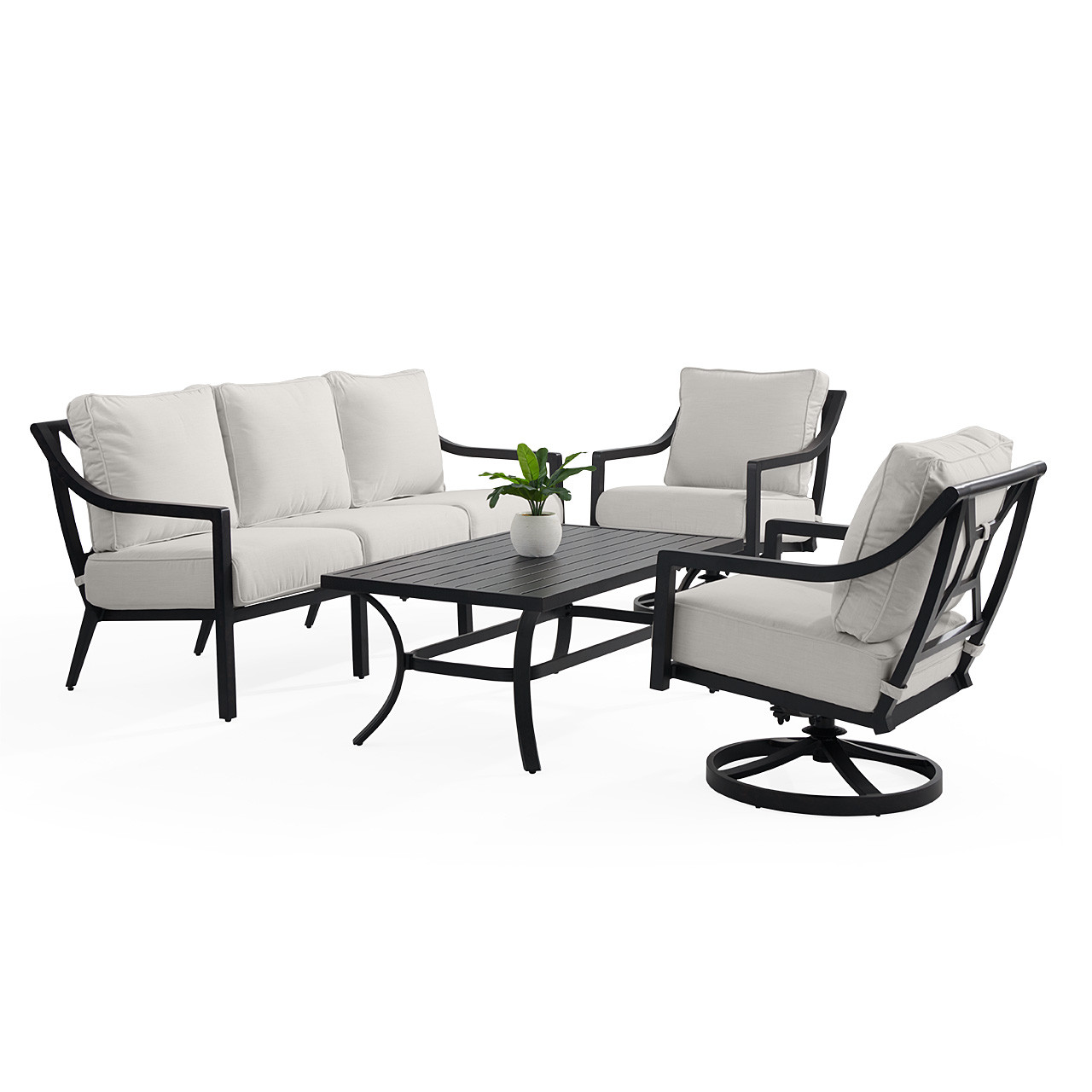 Hill Country Aged Bronze Aluminum and Cushion 4 Piece Swivel Sofa Group + 48 x 28 in. Coffee Table