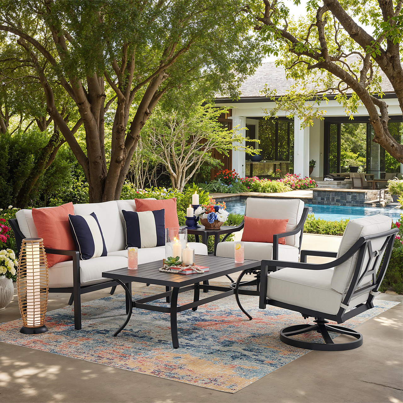 Hill Country Aged Bronze Aluminum and Cushion 4 Piece Swivel Sofa Group + 48 x 28 in. Coffee Table