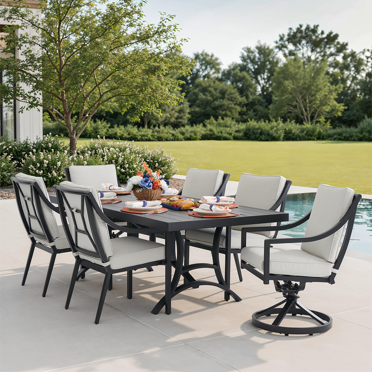 Hill Country Aged Bronze Aluminum and Cushion 7 Piece Combo Dining Set + 84 x 42 in. Table -
