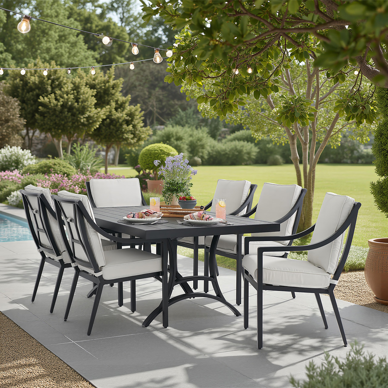 Hill Country Aged Bronze Aluminum with Cushions 7 Piece Dining Set