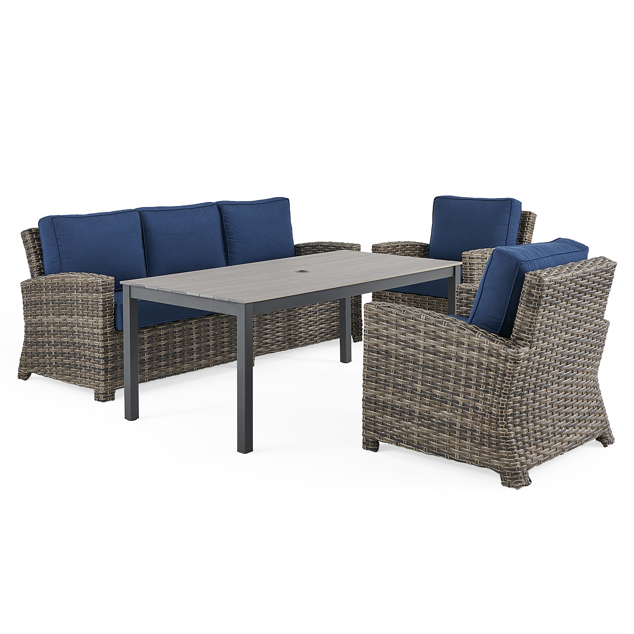 Sonoma Husk Outdoor Wicker with Cushions 4 Piece Sofa Group + 65 x 33 in. Duraboard Lounge Height Coffee Table