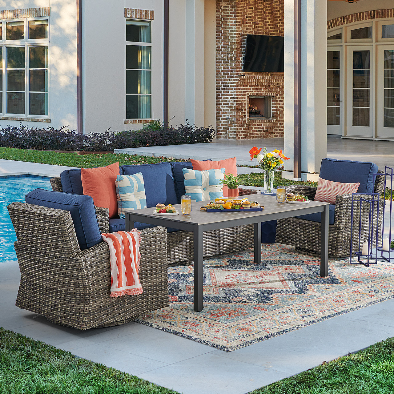 Sonoma Husk Outdoor Wicker with Cushions 4 Piece Swivel Sofa Group + 65 x 33 in. Duraboard Lounge Height Coffee Table