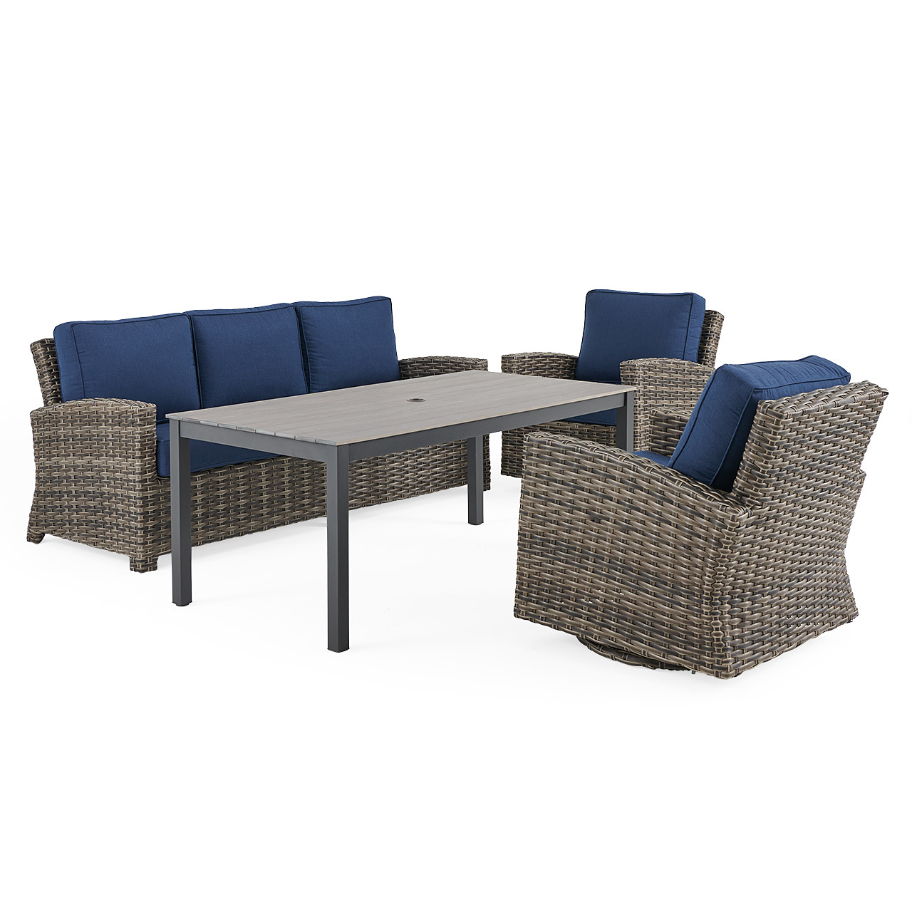 Sonoma Husk Outdoor Wicker with Cushions 4 Piece Swivel Sofa Group + 65 x 33 in. Duraboard Lounge Height Coffee Table
