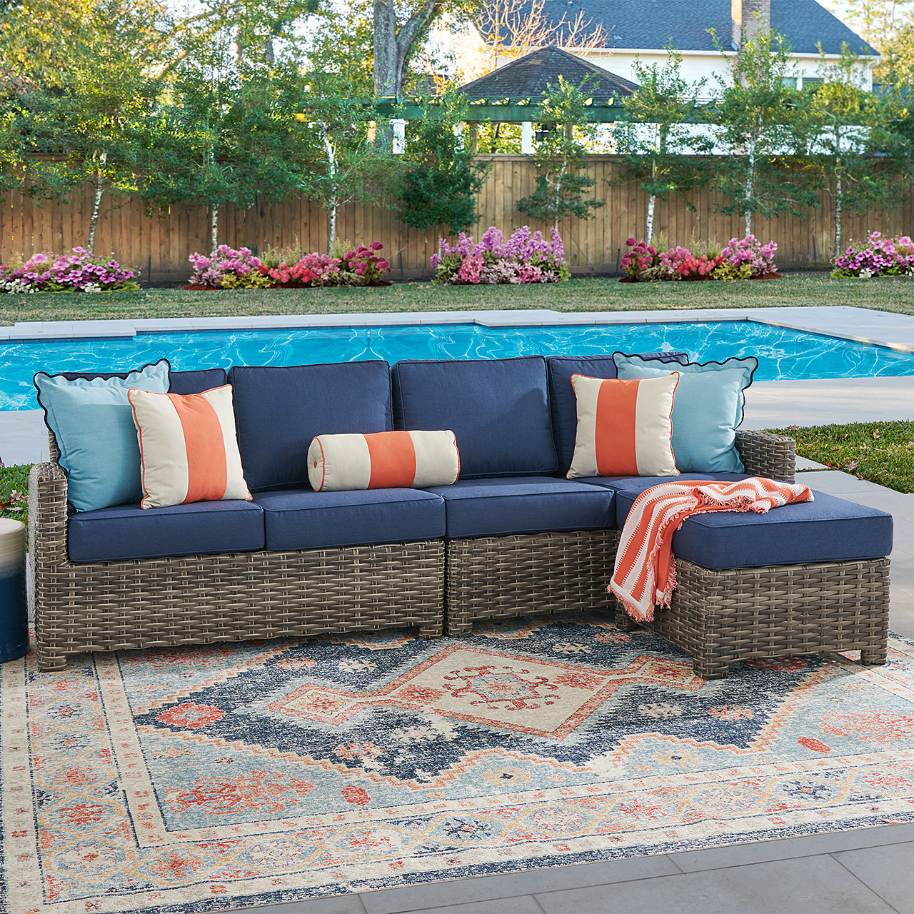 Sonoma Husk Outdoor Wicker with Cushions 3 Piece Sectional with Ottoman