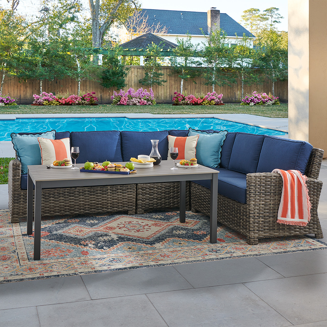 Sonoma Husk Outdoor Wicker with Cushions 5 Piece Sectional + 65 x 33 in. Lounge Height Table