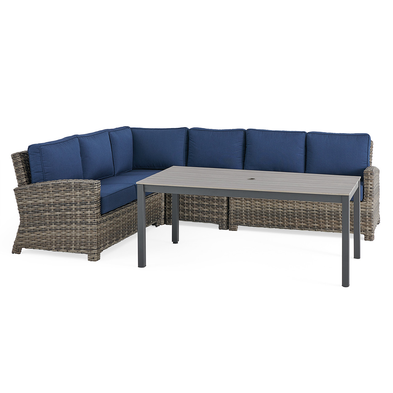 Sonoma Husk Outdoor Wicker with Cushions 5 Piece Sectional + 65 x 33 in. Lounge Height Table