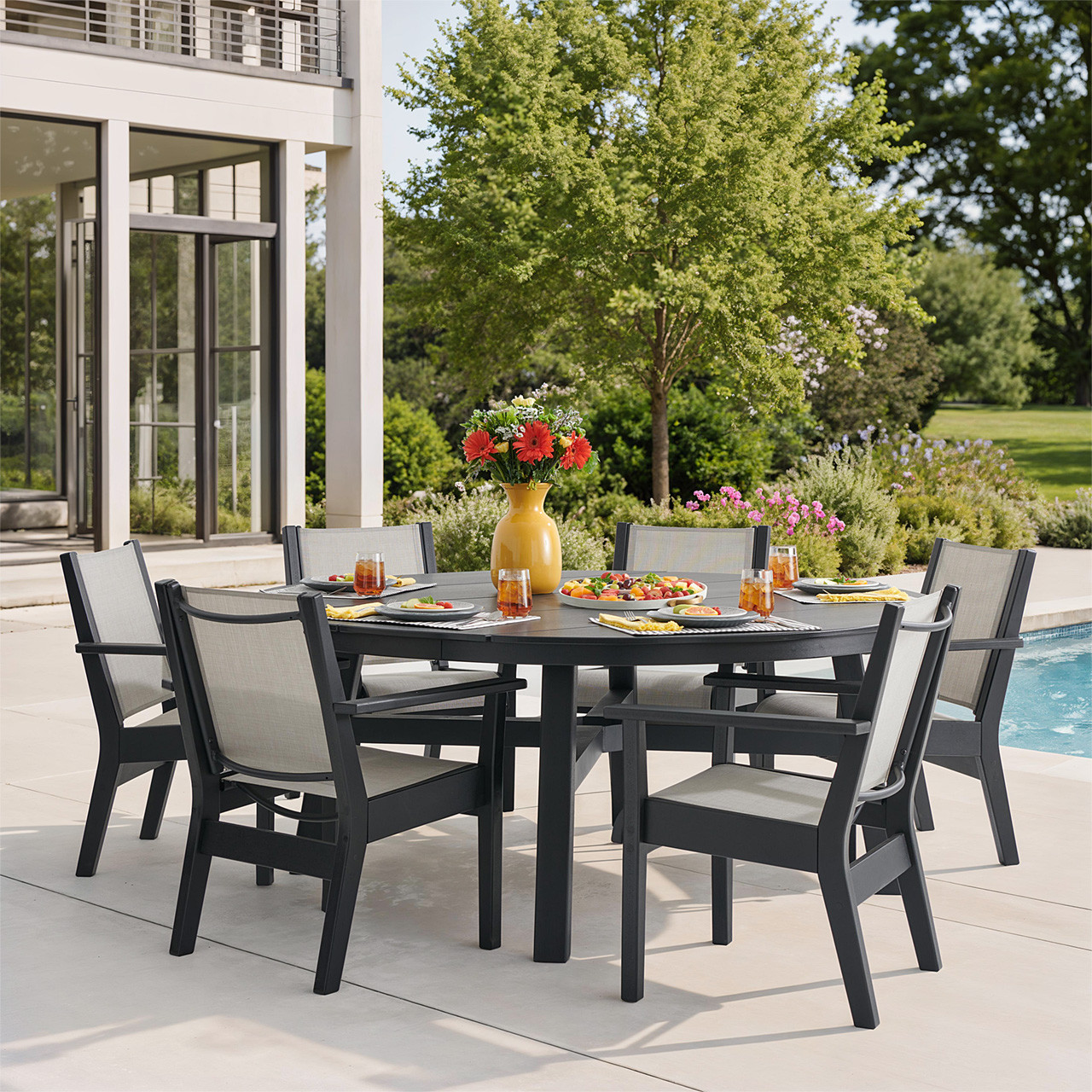 Montauk Polymer with Sling 7 Piece Dining Set + 74 in. D Table