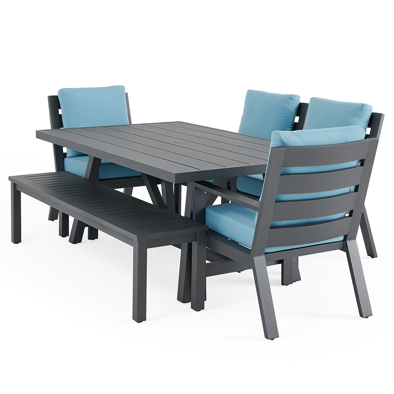 Montecito Charcoal Aluminum with Cushions 6 Piece Bench Dining Set + 70 x 40 in. Table