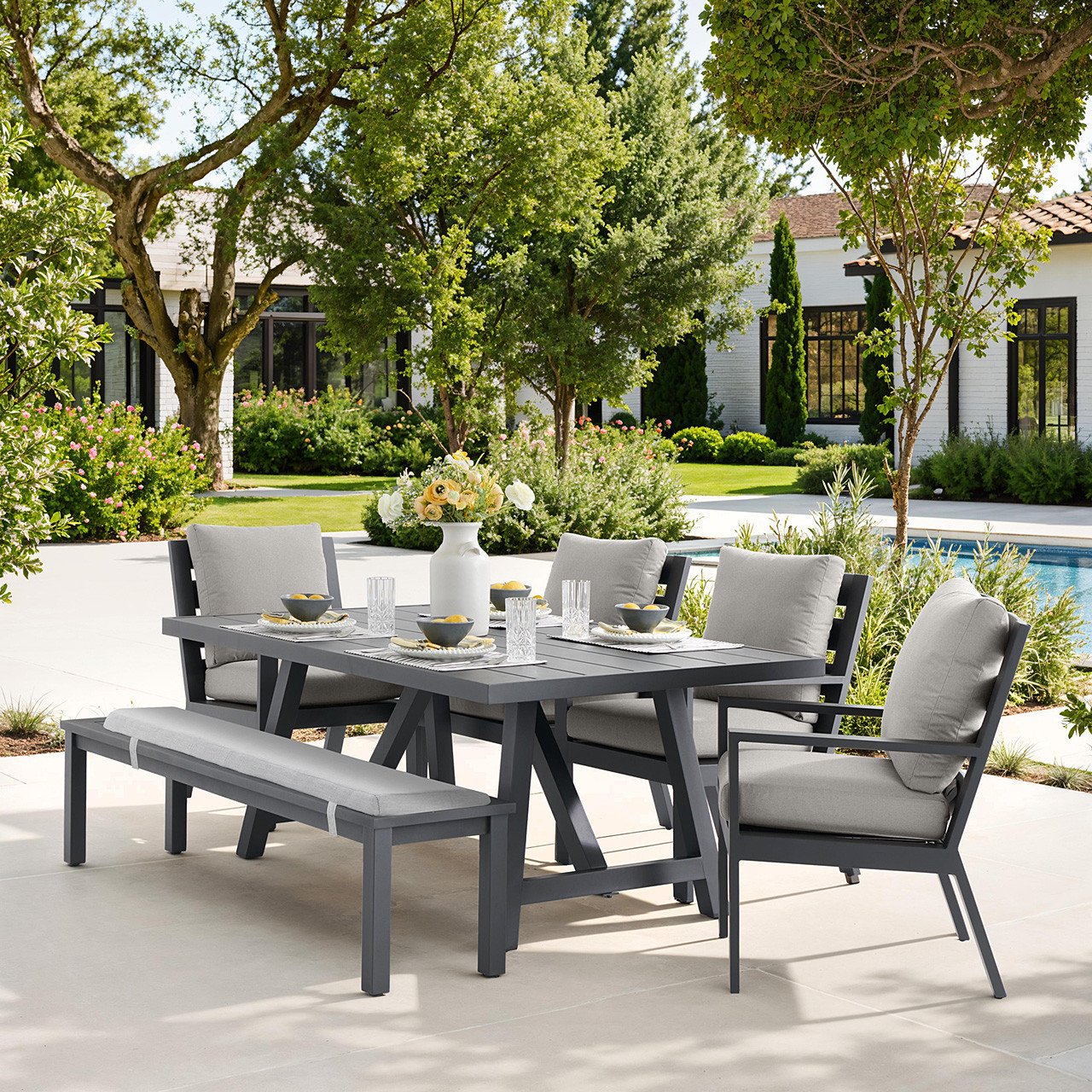 Montecito Charcoal Aluminum with Cushions 6 Piece Bench Dining Set + 70 x 40 in. Table