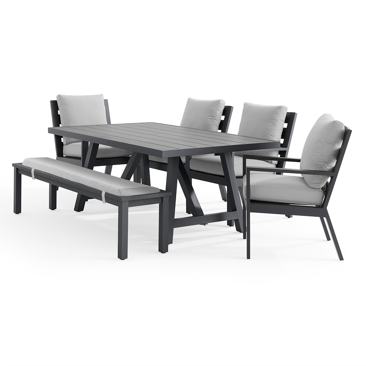 Montecito Charcoal Aluminum with Cushions 6 Piece Bench Dining Set + 70 x 40 in. Table