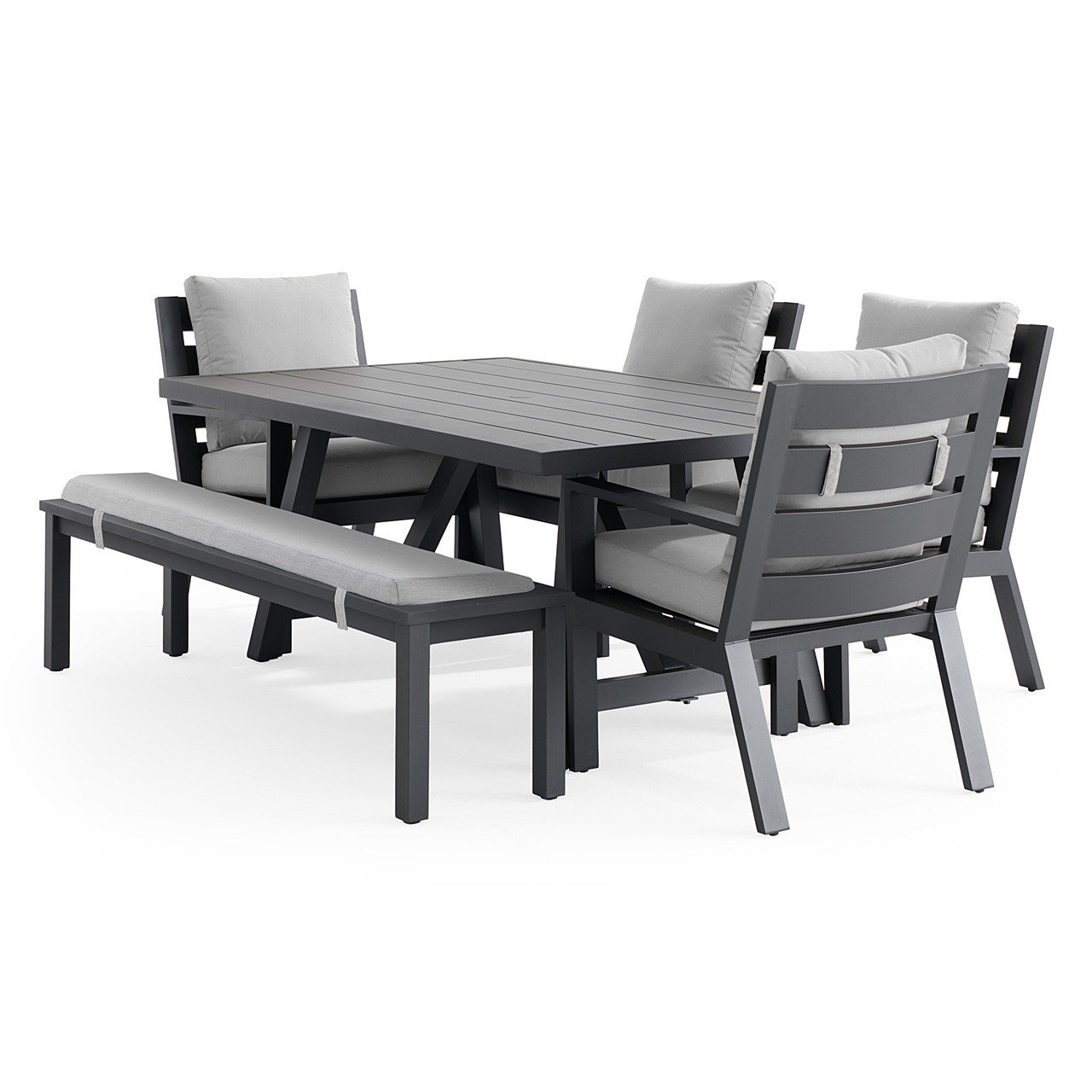 Montecito Charcoal Aluminum with Cushions 6 Piece Bench Dining Set + 70 x 40 in. Table