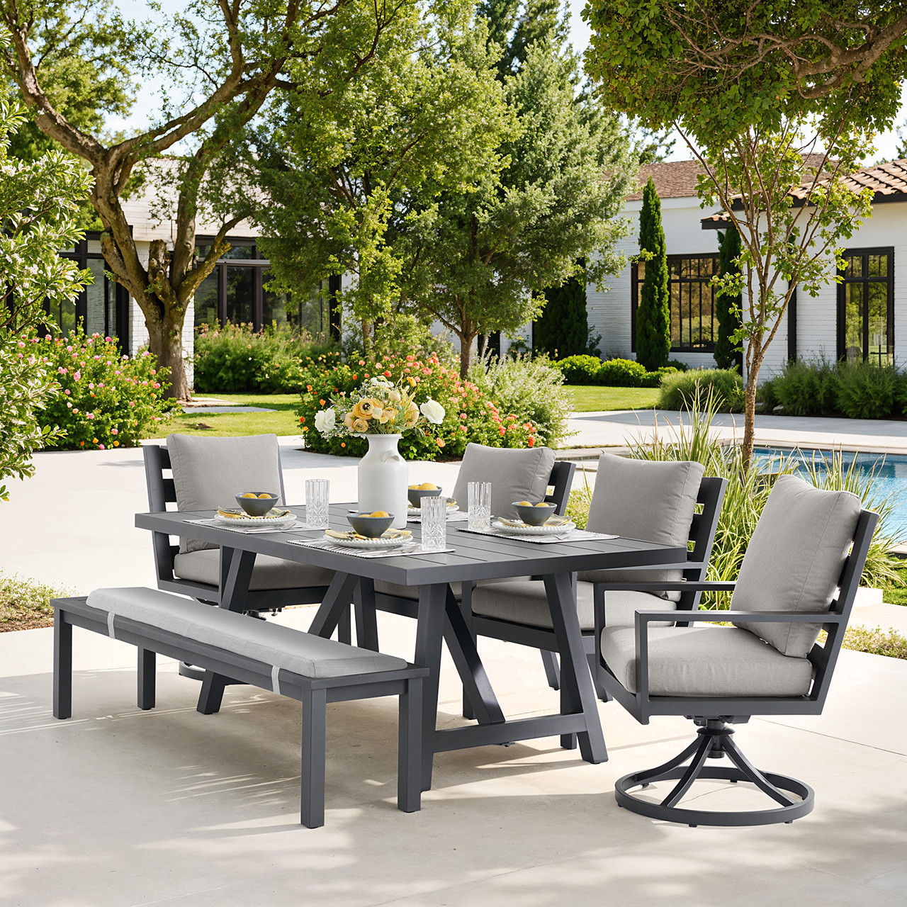 Montecito Charcoal Aluminum with Cushions 6 Piece Combo Bench Dining Set + 70 x 40 in. Table