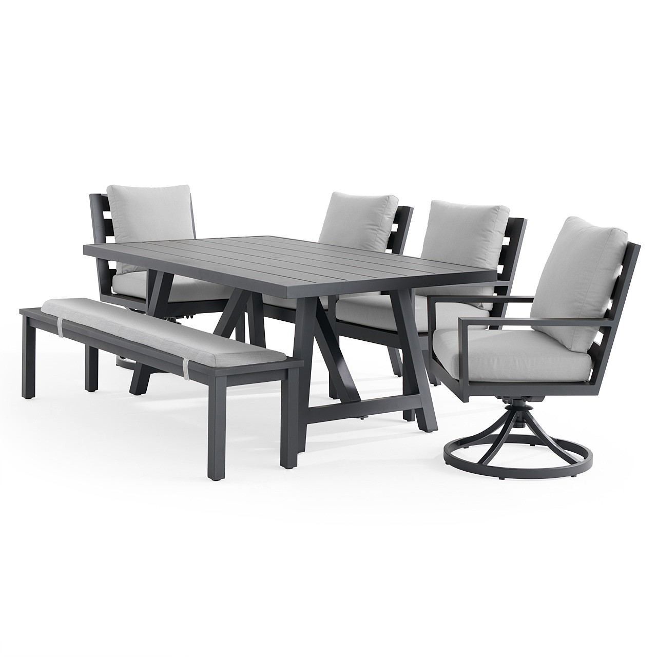 Montecito Charcoal Aluminum with Cushions 6 Piece Combo Bench Dining Set + 70 x 40 in. Table